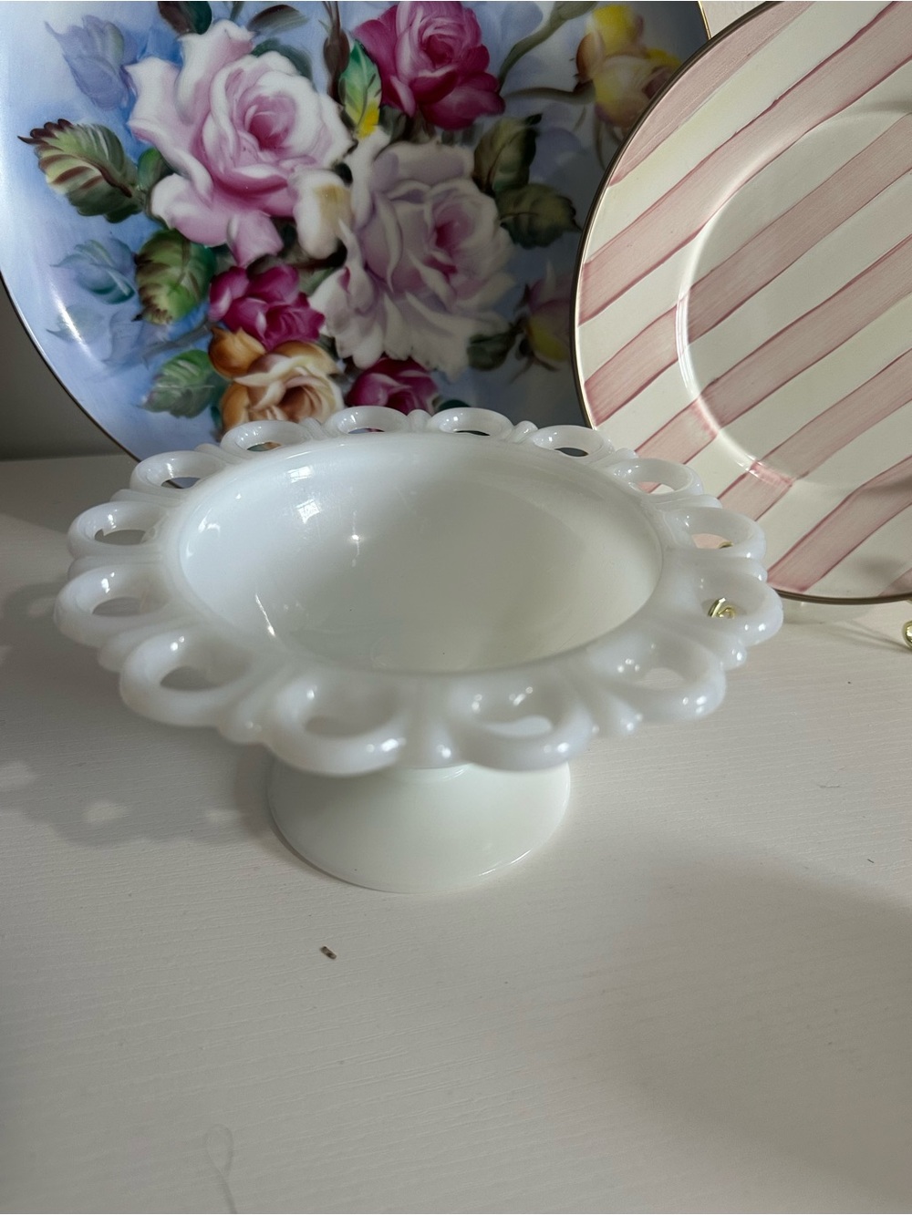 Vintage Milk Glass Heart Lace Edge Compote Pedestal Bowl Wedding Cottagecore